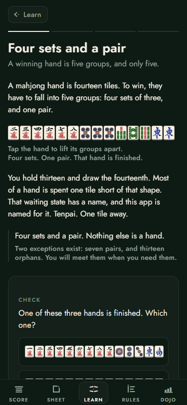A Tenpado lesson explaining the four groups and a pair in a mahjong hand.