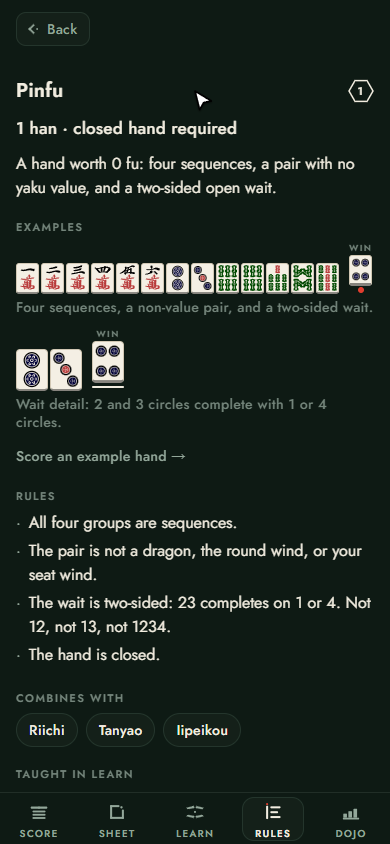 The Pinfu rule, with a tile example and its requirements.