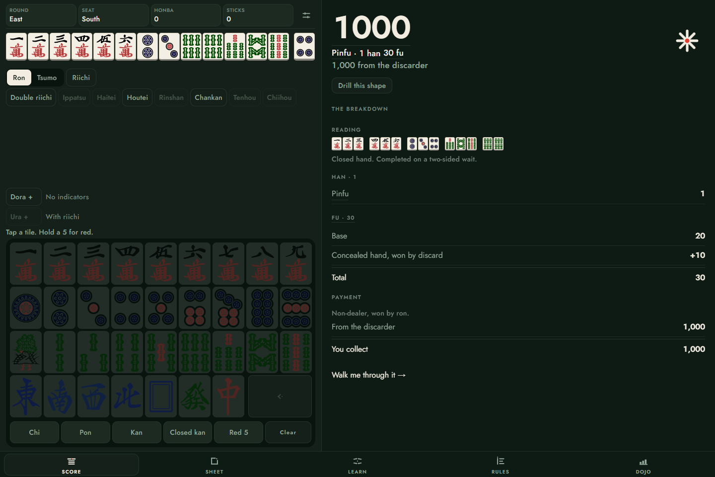 Tenpado on a wide screen, with tile entry, the hand and its scoring breakdown together.